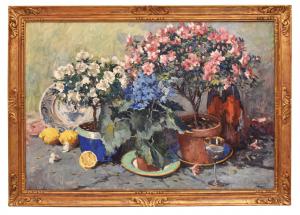 ALTE GEMÄLDE MIT ROSEN- UND AZALEENBLÜTEN, STILLLEBEN, ÖL AUF LEINWAND, FRÜHES 20. JAHRHUNDERT, ART DECO. (QF682)